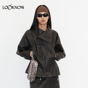 madeinormal X LOOKNOW2025秋冬新款黑色大翻领仿皮风衣抽绳外套