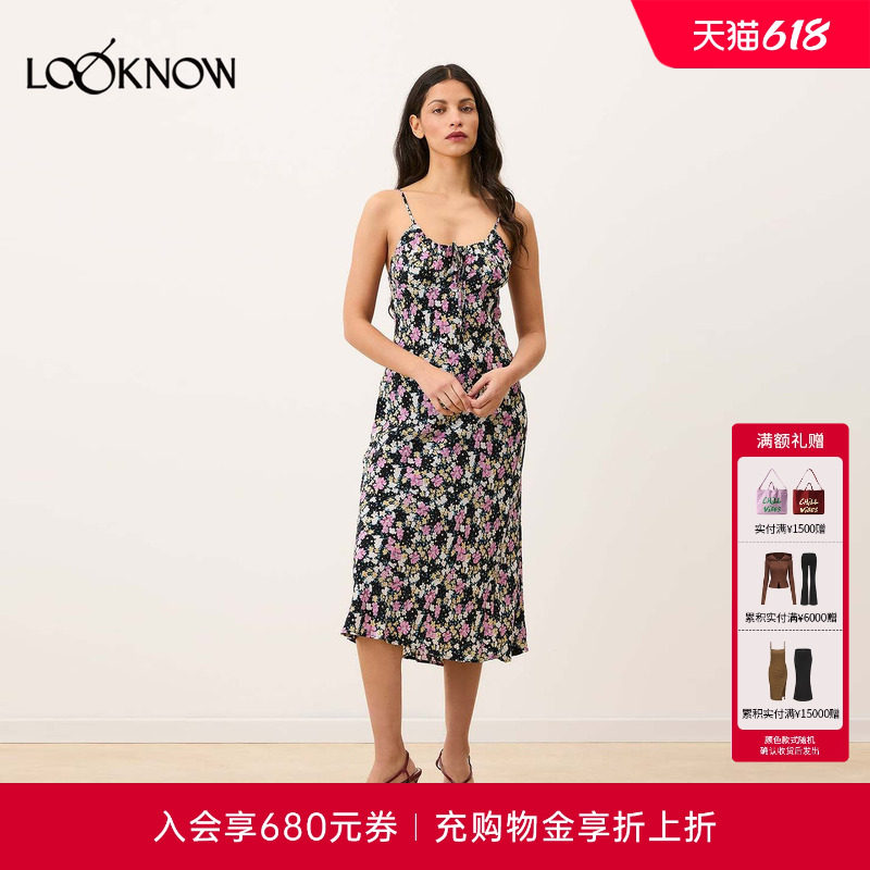 Rouje x LOOKNOW2026春季新款黑色碎花吊带连衣裙