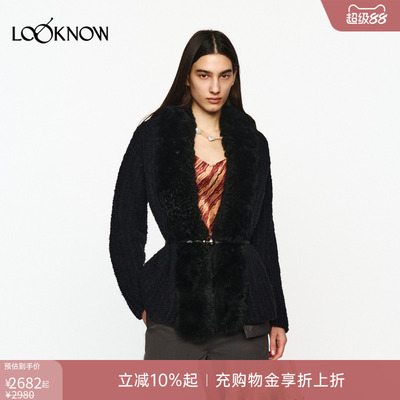JACQUES WEI X LOOKNOW2026春夏新品黑色毛领腰带开衫外套女