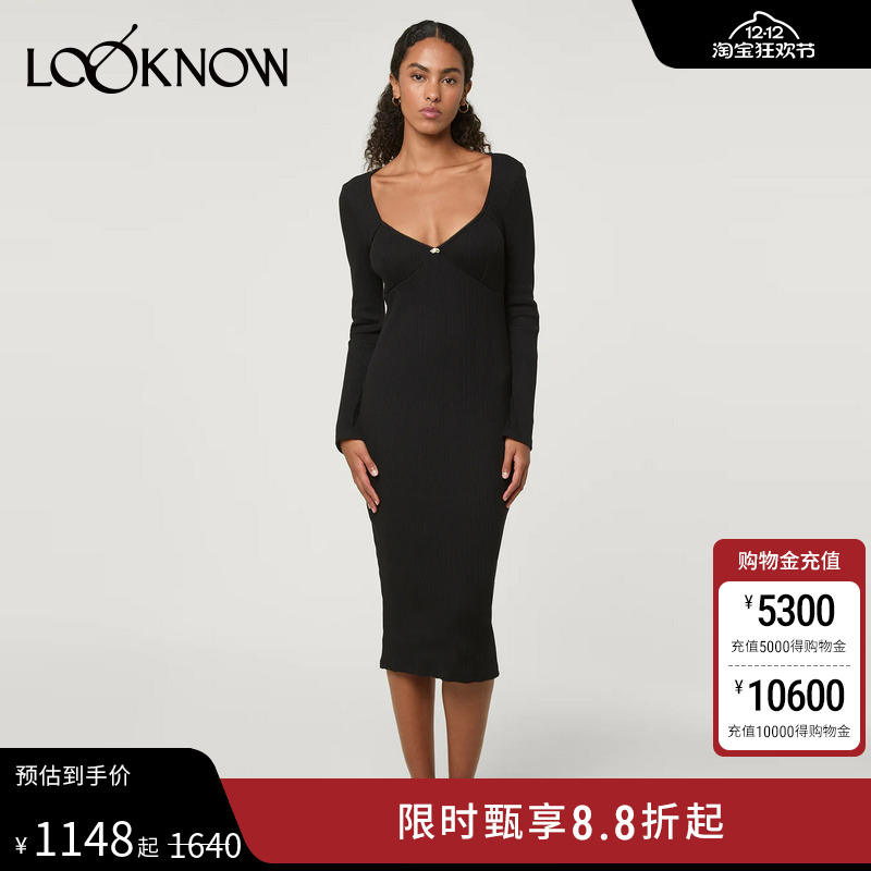 ROUJE设计师品牌LOOKNOW秋新款黑色长袖连衣裙