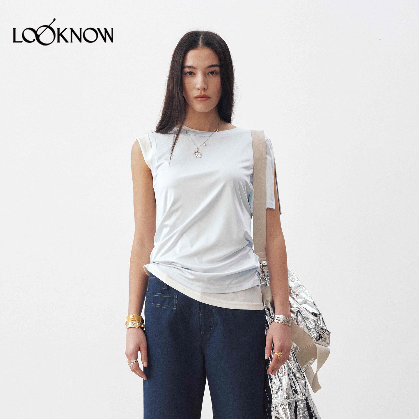 medium well X LOOKNOW设计师品牌26春夏新品醋酸叠穿不对称T恤图片