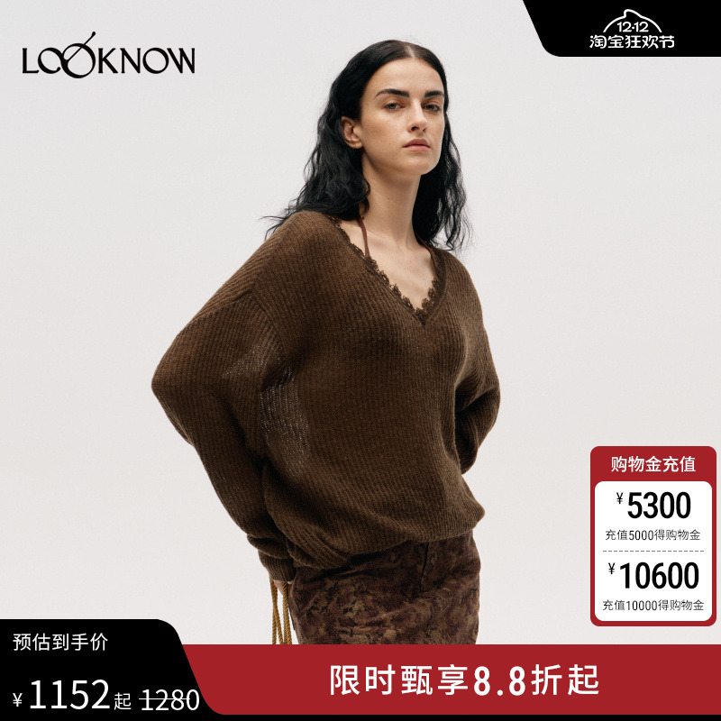 ICE DUST X LOOKNOW设计师品牌2025秋冬新款花边V领宽松针织衫女