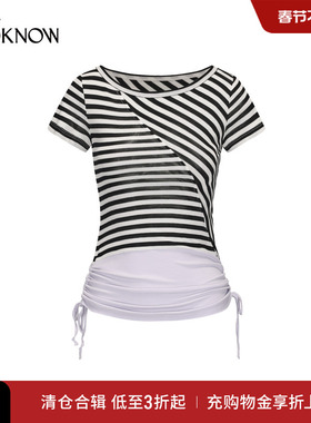 madeinormal设计师品牌LOOKNOW2025春新斜纹撞色抽褶T恤短袖女