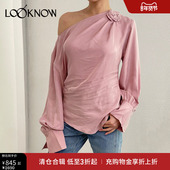 LAND设计师品牌LOOKNOW秋新粉色玫瑰衬衫 斜肩上衣女