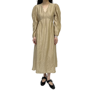 halfmoon设计师品牌LOOKNOW春夏新款浅咖色中式v领袖长款连衣裙