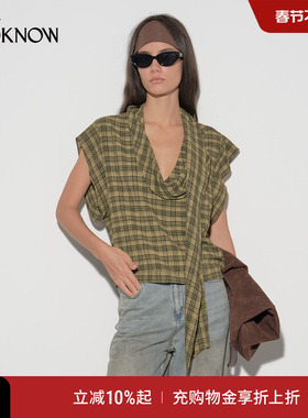 IF BY LAND设计师品牌LOOKNOW2025早秋新复古绿色格子飘带上衣女