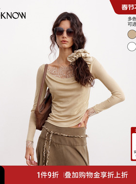 IF BY LAND X LOOKNOW2026春夏新品多色蕾丝斜肩T恤长袖内搭女