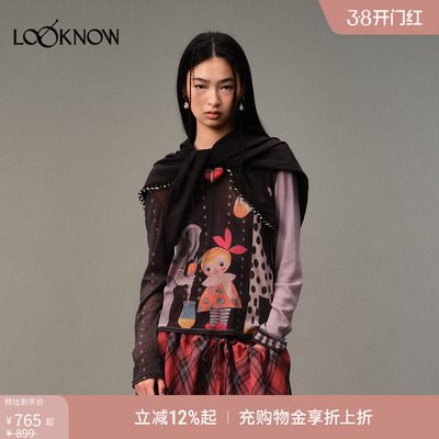 AUBRUINO X LOOKNOW25年秋季新款动物娃娃网纱黑色长袖T恤