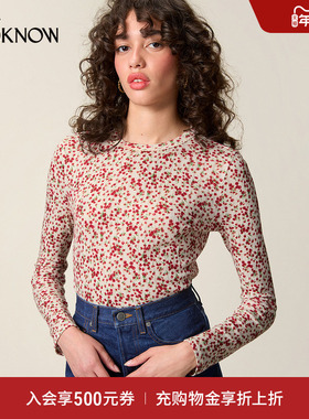 Rouje X LOOKNOW2025年秋季新款碎花圆领长袖T恤内搭修身新年女