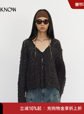 IF BY LAND X LOOKNOW2025秋冬新款深灰色钩花针织开衫女