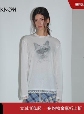 IF BY LAND薄荷猫咪系列2025春白色蕾丝拼接休闲长袖T恤男女同款