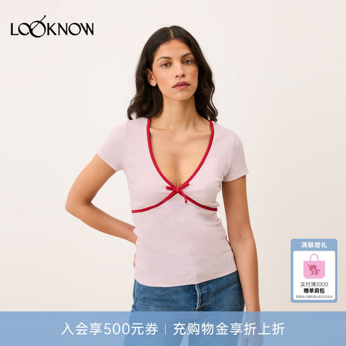Rouje x LOOKNOW2026春季新款多色V领蝴蝶结T恤
