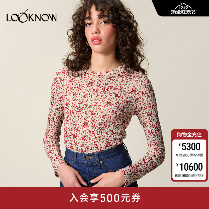 Rouje X LOOKNOW2025年秋季新款碎花圆领长袖T恤女