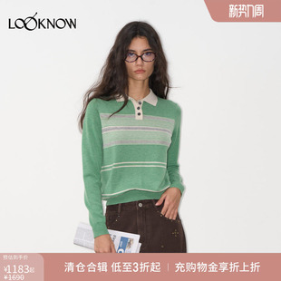LOOKNOW LAND 2025冬绿色条纹亲肤绵羊毛POLO上衣