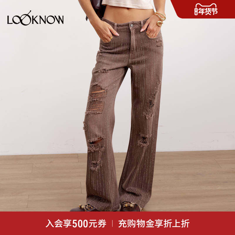 IF BY LAND X LOOKNOW2026春季新品棕色烫钻亚麻破洞直筒牛仔裤女,女装/女士精品,牛仔裤,淘宝优惠券,粉丝福利购,淘宝优惠卷