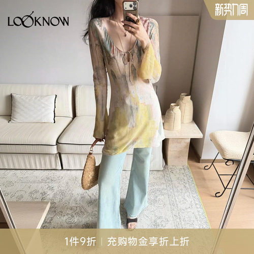 if by land x LOOKNOW2026春夏新品多色墙壁喇叭袖雪纺印花连衣裙