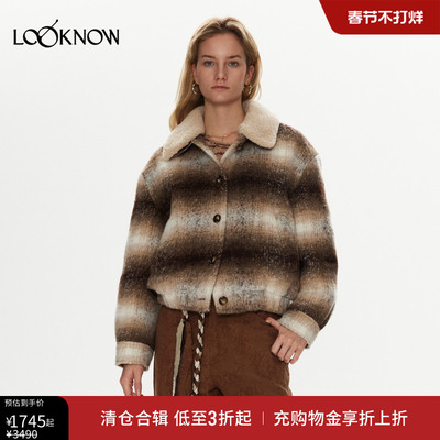 halfmoon设计师品牌LOOKNOW冬季新款格纹毛领毛呢外套
