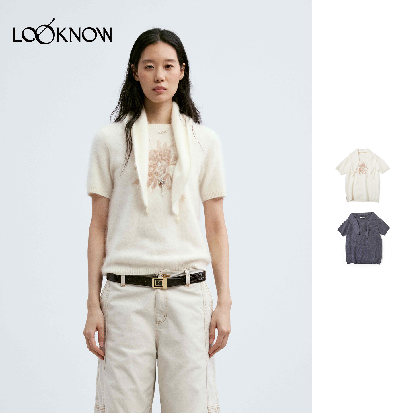 medium well X LOOKNOW设计师品牌26秋季新品亲肤拉毛短袖-米白色图片