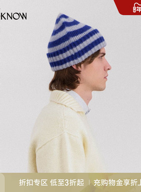 HOWLIN X LOOKNOW设计师品牌2025冬季新品蓝色条纹针织帽女
