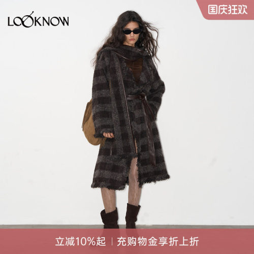 IFBYLAND咖色格纹圈圈毛边大衣