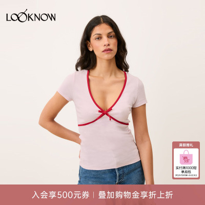 Rouje x LOOKNOW2026春季新款多色V领蝴蝶结T恤