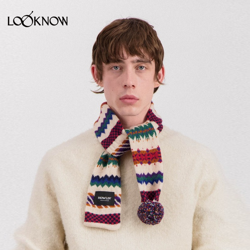 HOWLIN X LOOKNOW设计师品牌2025冬季新品海军蓝色菱形混纺围巾女