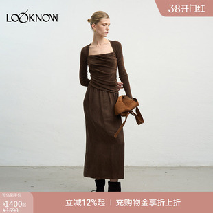 halfmoon x LOOKNOW2025年秋季新款咖色坎肩斜分割拼接连衣裙长裙