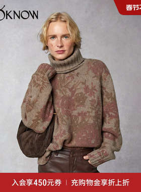 Rouje设计师品牌LOOKNOW23春夏新款灰色花卉高领法式毛衣女