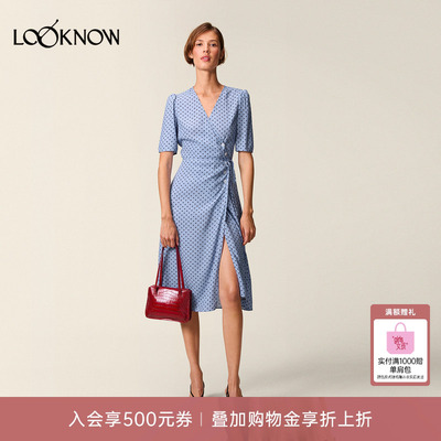 Rouje x LOOKNOW设计师品牌新款波点V领半袖连衣裙女