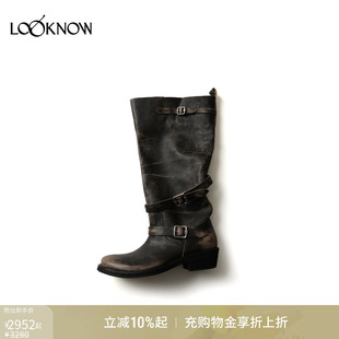 LOOKNOW早秋新款 ICE DUST 子女 擦色做旧褶皱骑士靴长靴鞋