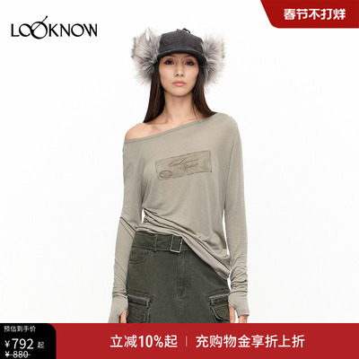 LEEWEI X LOOKNOW设计师品牌2025年秋季新款斜肩印花长袖T恤女