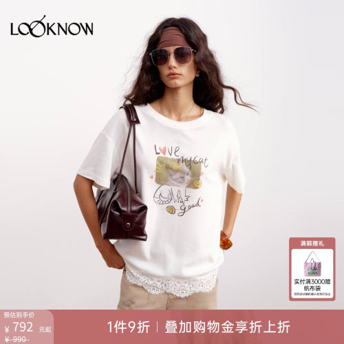 IF BY LAND x LOOKNOW2026春夏新品小猫照片涂鸦印花下摆蕾丝T恤