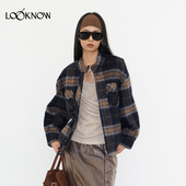 LOOKNOW2025秋冬新款 halfmoon 蓝色格纹廓形昵子夹克外套女