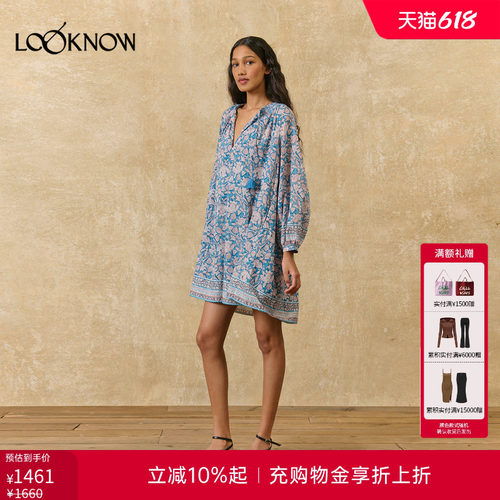 louise misha x  LOOKNOW设计师品牌26年春夏新品蓝色碎花连衣裙