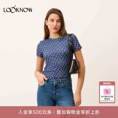 Rouje x LOOKNOW2026春季新款深蓝色碎花T恤女