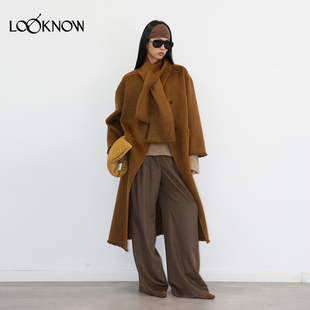 halfmoon X LOOKNOW2025秋冬新款深卡其长款下摆流苏围巾大衣女