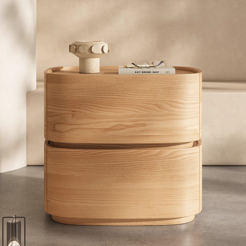 现代简约实木床头柜卧室家用椭圆形储物收纳柜原木色床边柜