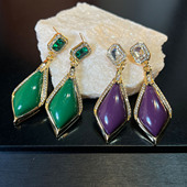 18k镀真金宫廷风祖母绿色水滴长款 中式 耳环流苏国风s925耳饰