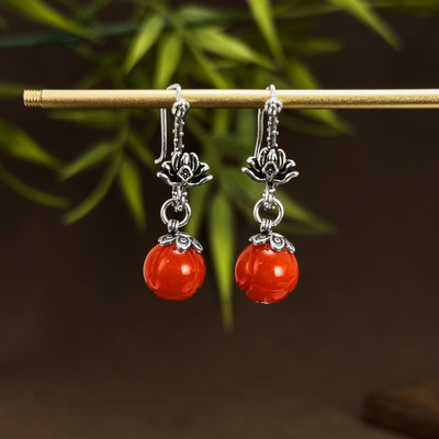 天然南红玛瑙耳环柿子红银莲花耳坠耳钩款复古中式古着耳饰