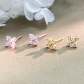 甜美清新风花朵银耳钉女S925纯银镶嵌粉色锆石养护耳洞舒适耳骨钉