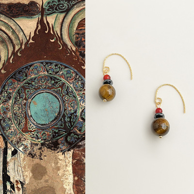 浮图~国风手作新中式天然红玛瑙虎眼石串珠耳环复古民族风耳饰女