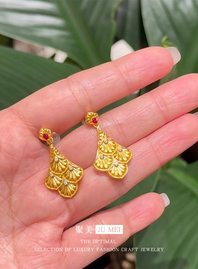 金店同款轻奢vitage复古感手工拉丝金银花耳钉沙金耳饰送闺蜜