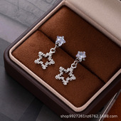 足银999纯银镶钻镂空五角星耳钉女韩系ins轻奢感小众百搭耳饰