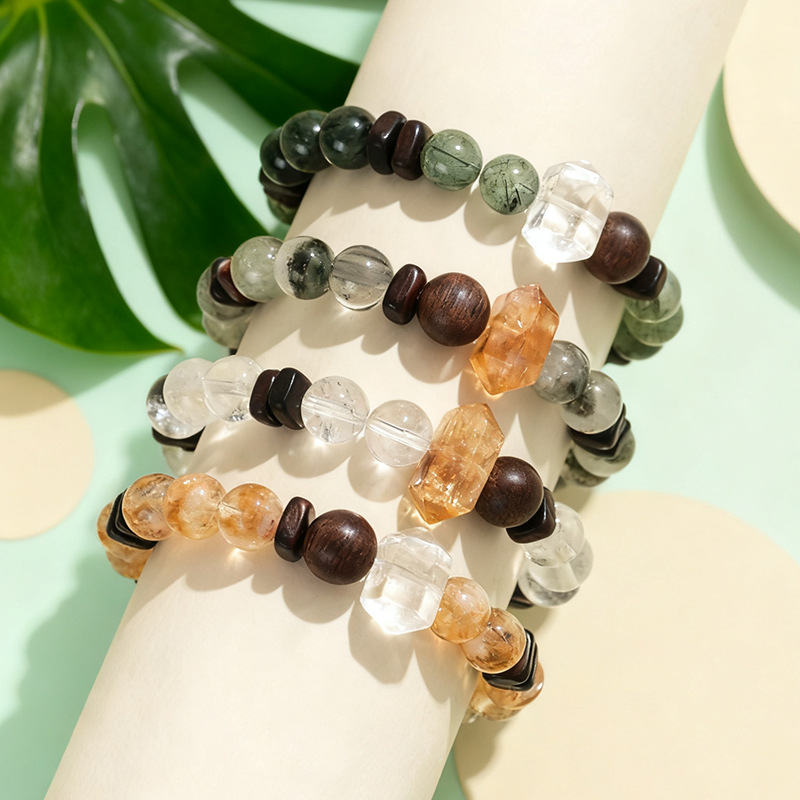《琥芒》天然绿幽灵黄水晶手串老钱风达拉干檀木小红薯爆款手链