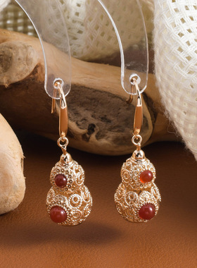 2026新中式国潮红色镂空葫芦耳饰耳环过年国风耳坠蚊香盘配饰女款