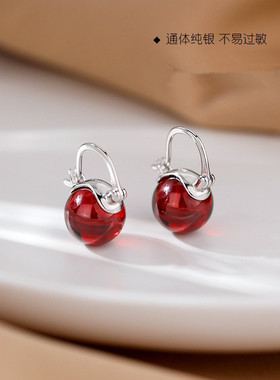 一念 999纯银红色石榴石耳环女2025年新款小众设计感耳饰