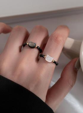 一念 925纯银猫咪串珠戒指男女小众设计感食指戒2025新款指环