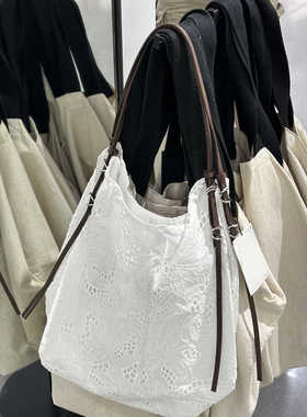 罗熙定制z家同款蕾丝帆布托特包大容量简约轻便日系单肩手提包