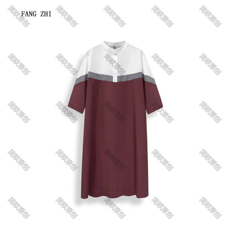条纹撞色百搭夏季休闲连衣裙中袖女士中长款圆领显瘦长裙 D4202-1