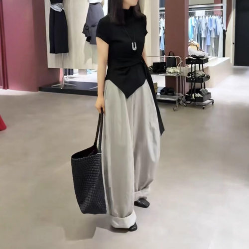 25905新大爱美依缘2025新款时尚修身绑带不规则上衣休闲阔腿裤潮